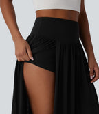 Jupe décontractée maxi fluide 2-en-1 taille haute avec fente