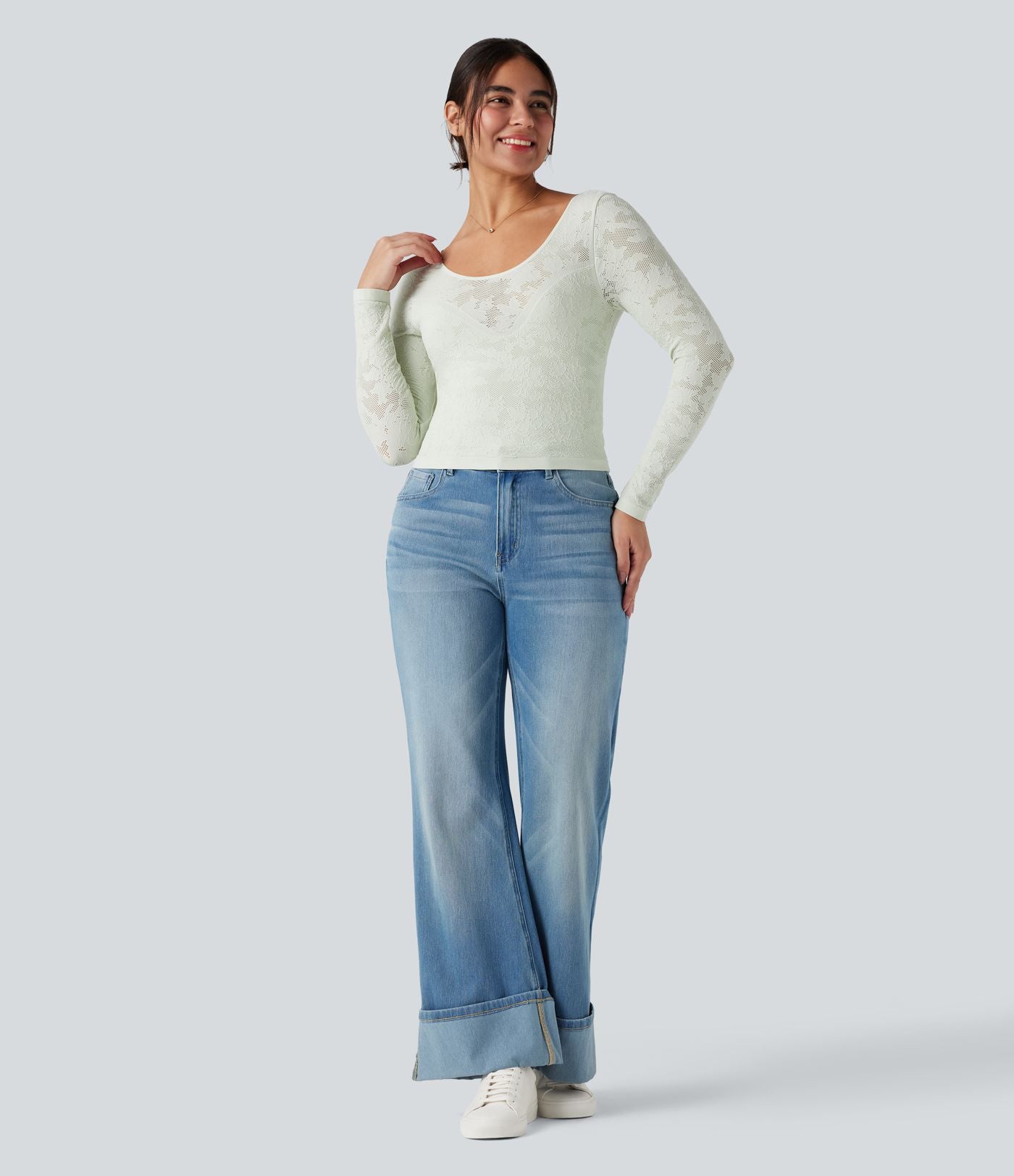 Haut de sport col U dos nu jacquard à manches longues sans couture OneForm Seamless Flow