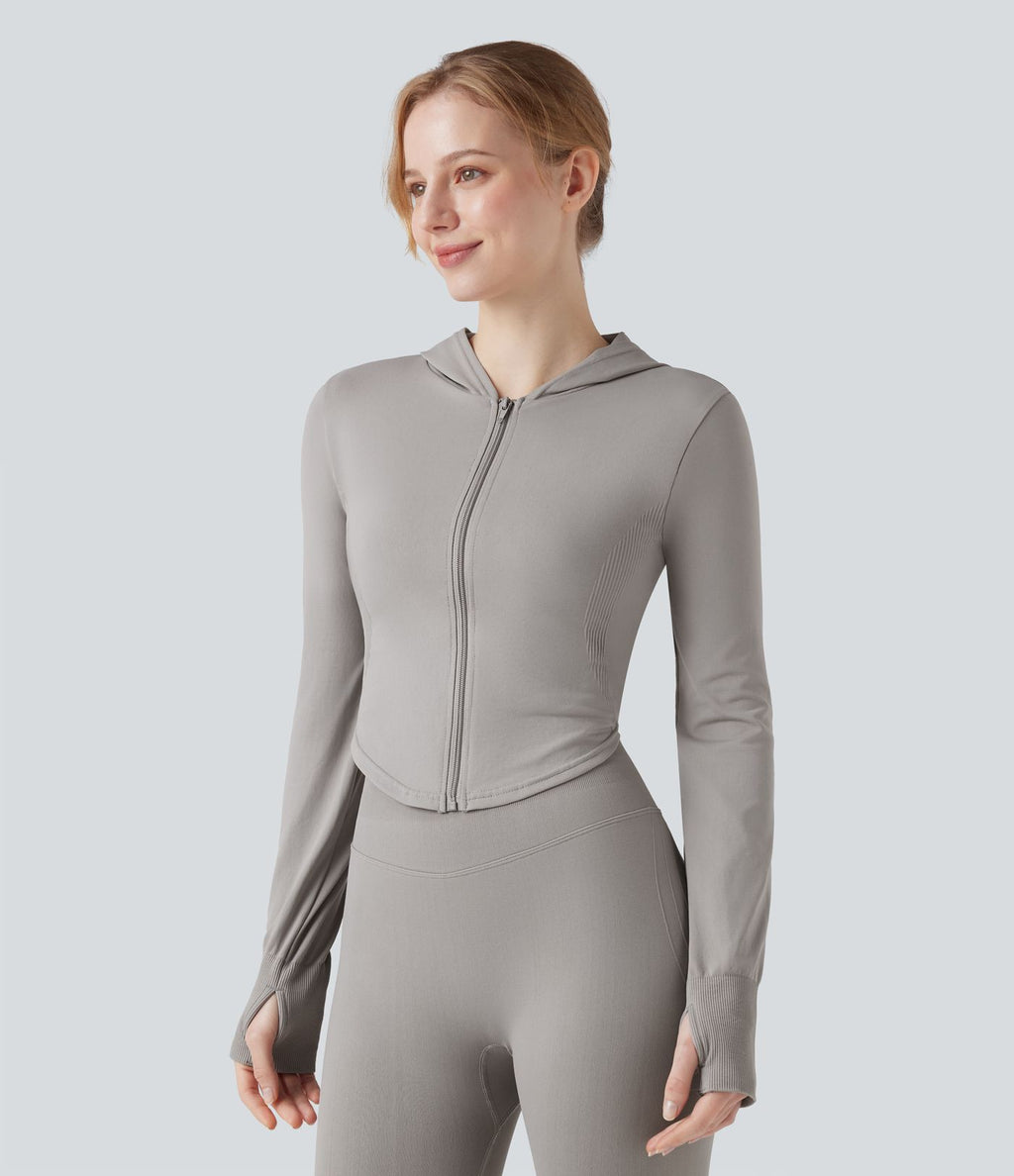 Veste yoga à capuche zippée à manches longues avec passants pouces et ourlet arrondi sans couture OneForm Seamless Flow