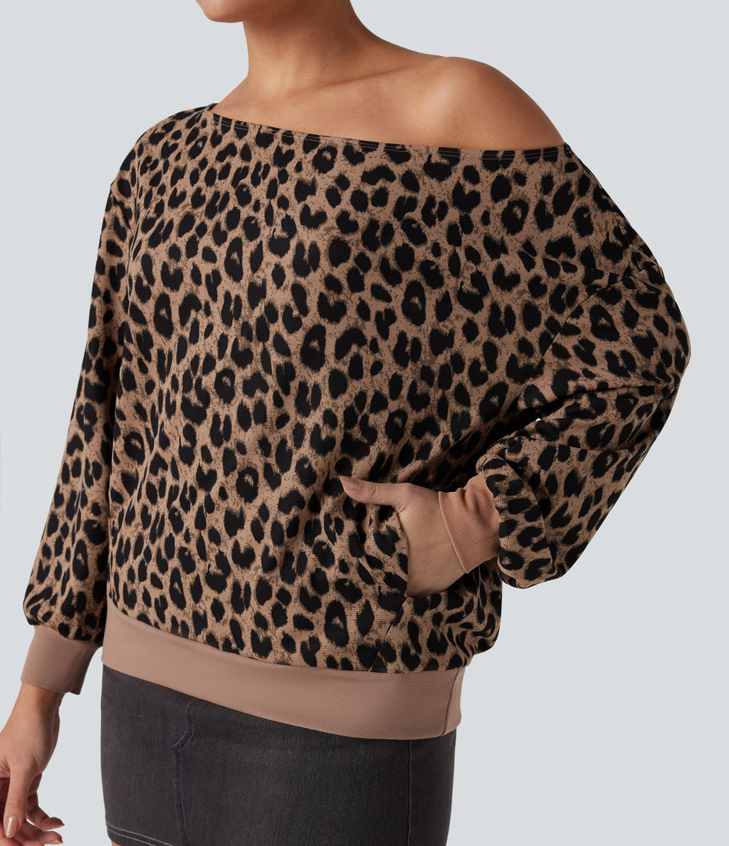 Sweat-shirt gaufré imprimé léopard une épaule manches longues avec poches