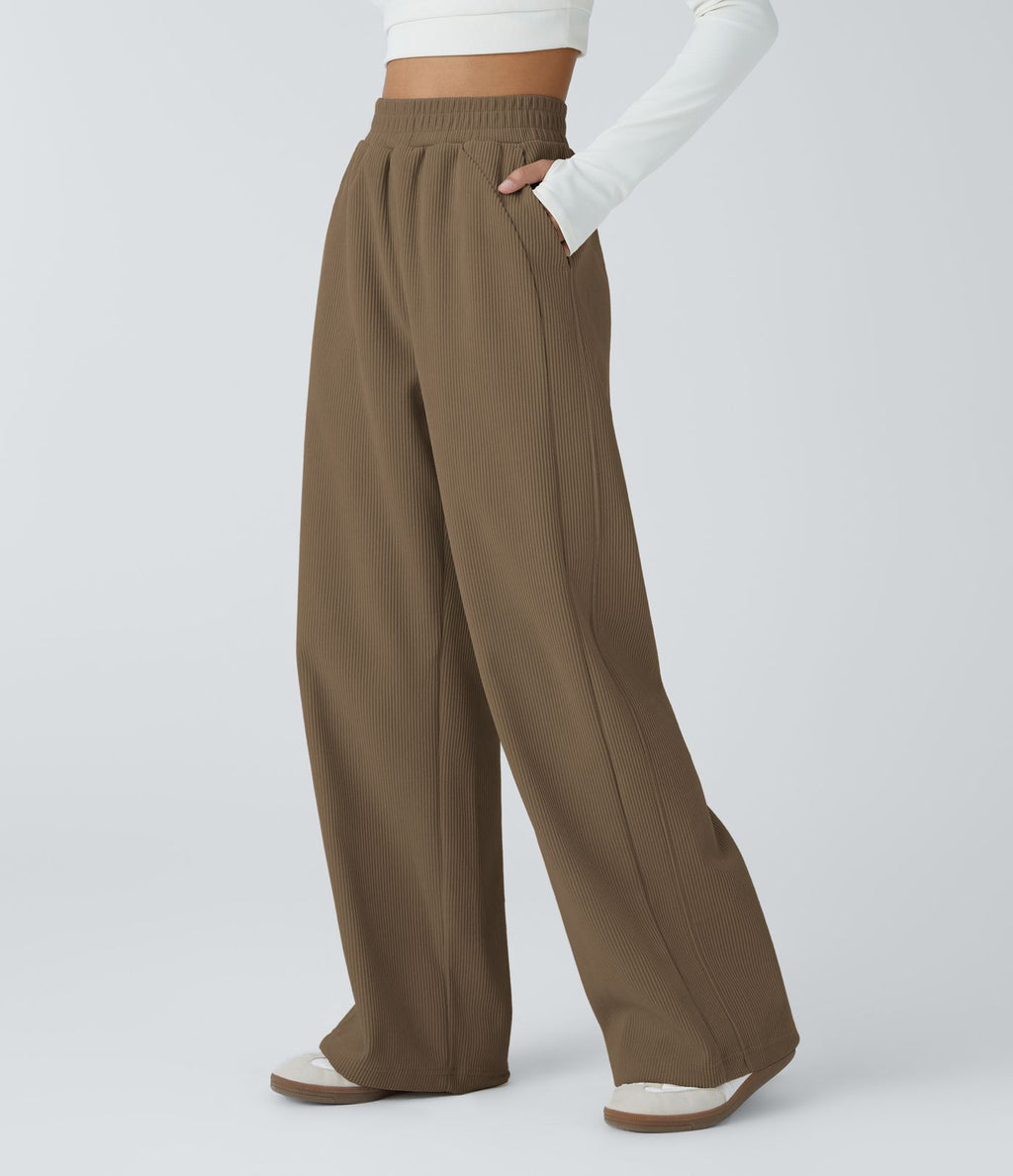 Pantalon velours côtelé de jogging décontracté à taille haute avec poches latérales