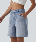 Short en jean Halara Flex™ mi-taille ample délavé décontracté avec poches