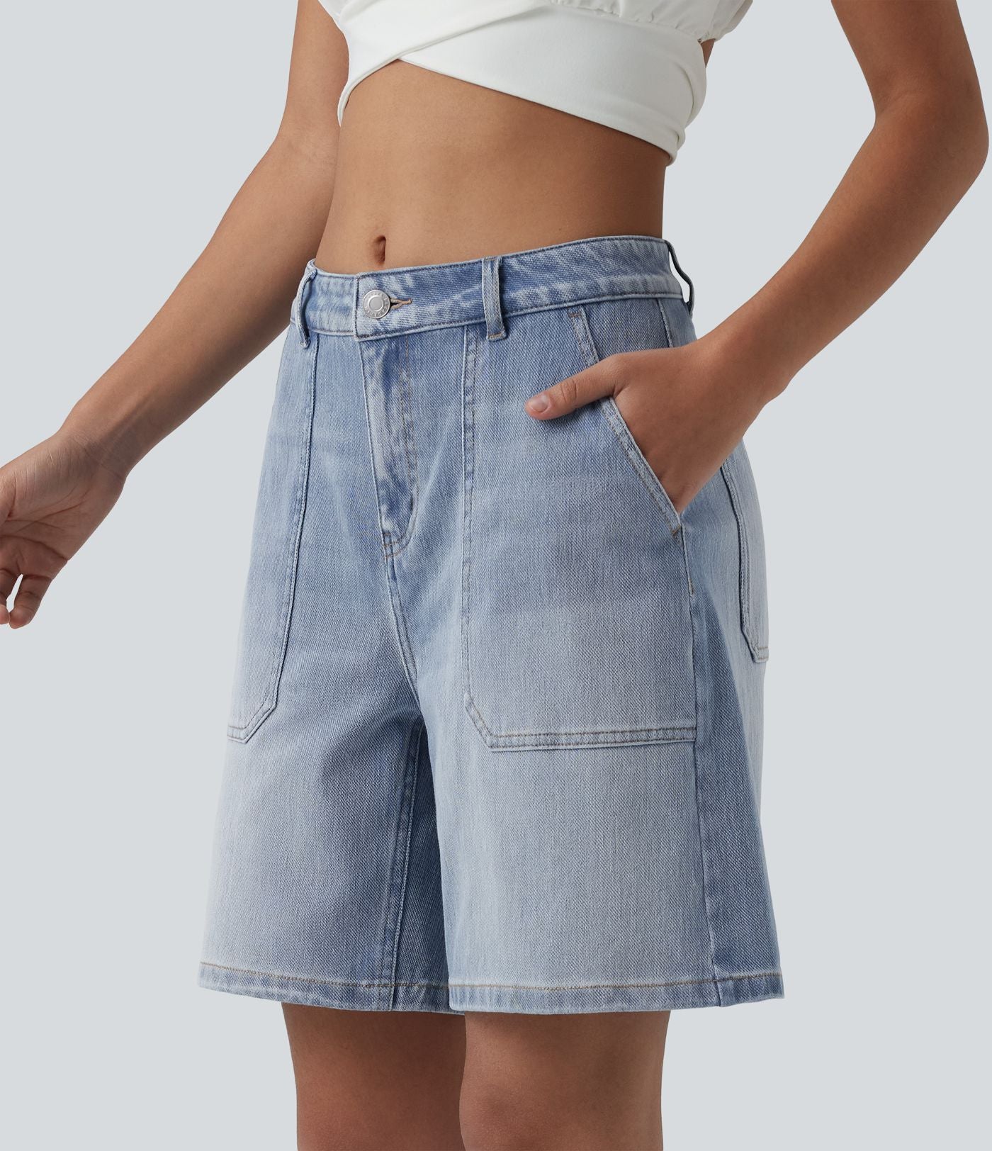 Short en jean Halara Flex™ mi-taille ample délavé décontracté avec poches