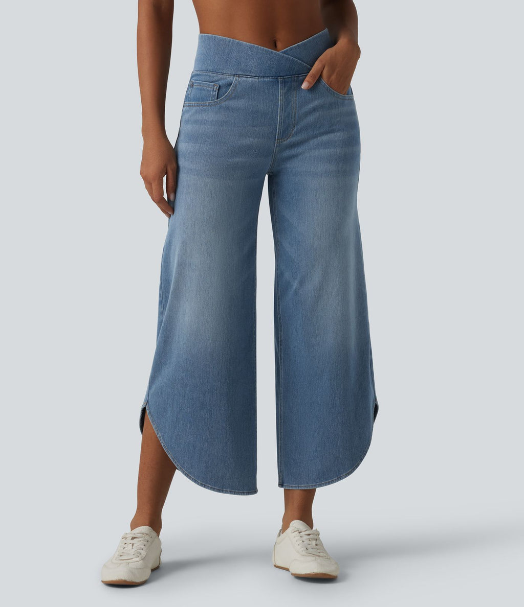 Halara Flex™ Jean large casual taille mi-haute croisée avec ourlet incurvé et poches