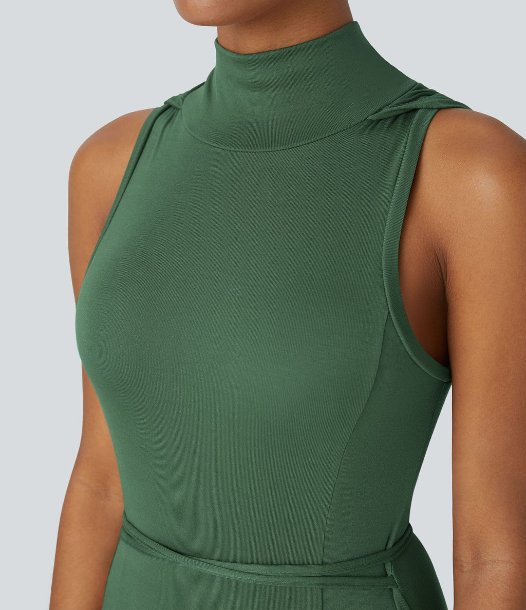 Robe Casual Midi 2 Pièces Capuche Col Montant Sans Manches Fendue avec Découpe Dos Nœud Côtelée