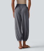 Pantalon décontracté coupe ballon taille haute aspect lin avec poches