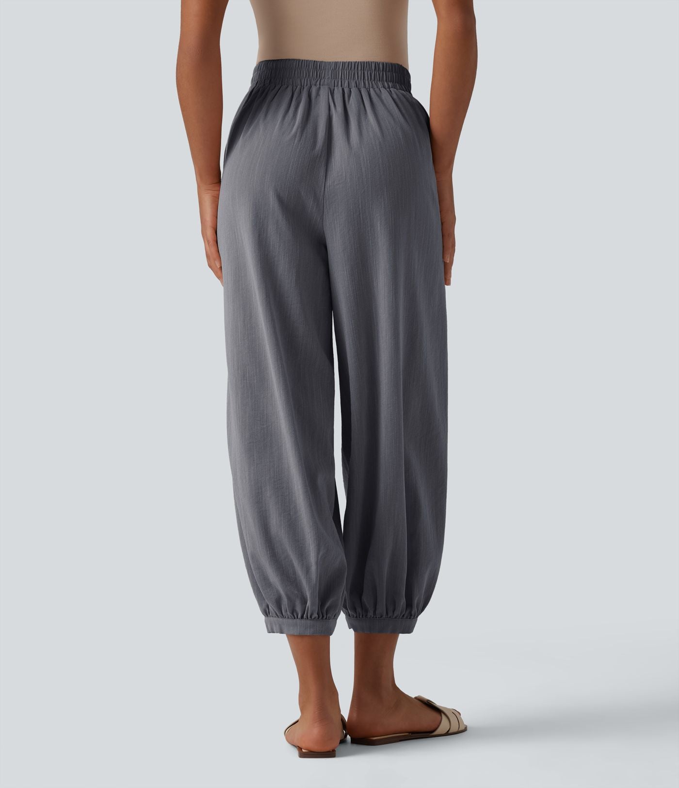Pantalon décontracté coupe ballon taille haute aspect lin avec poches