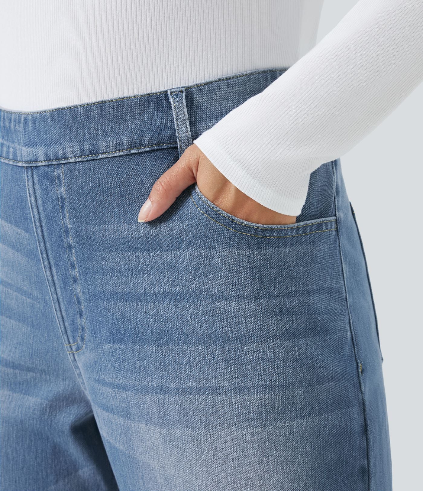 Jean décontracté Halara Flex™ grande taille, taille haute, multiples poches, jambes droites, effet délavé, en maille extensible