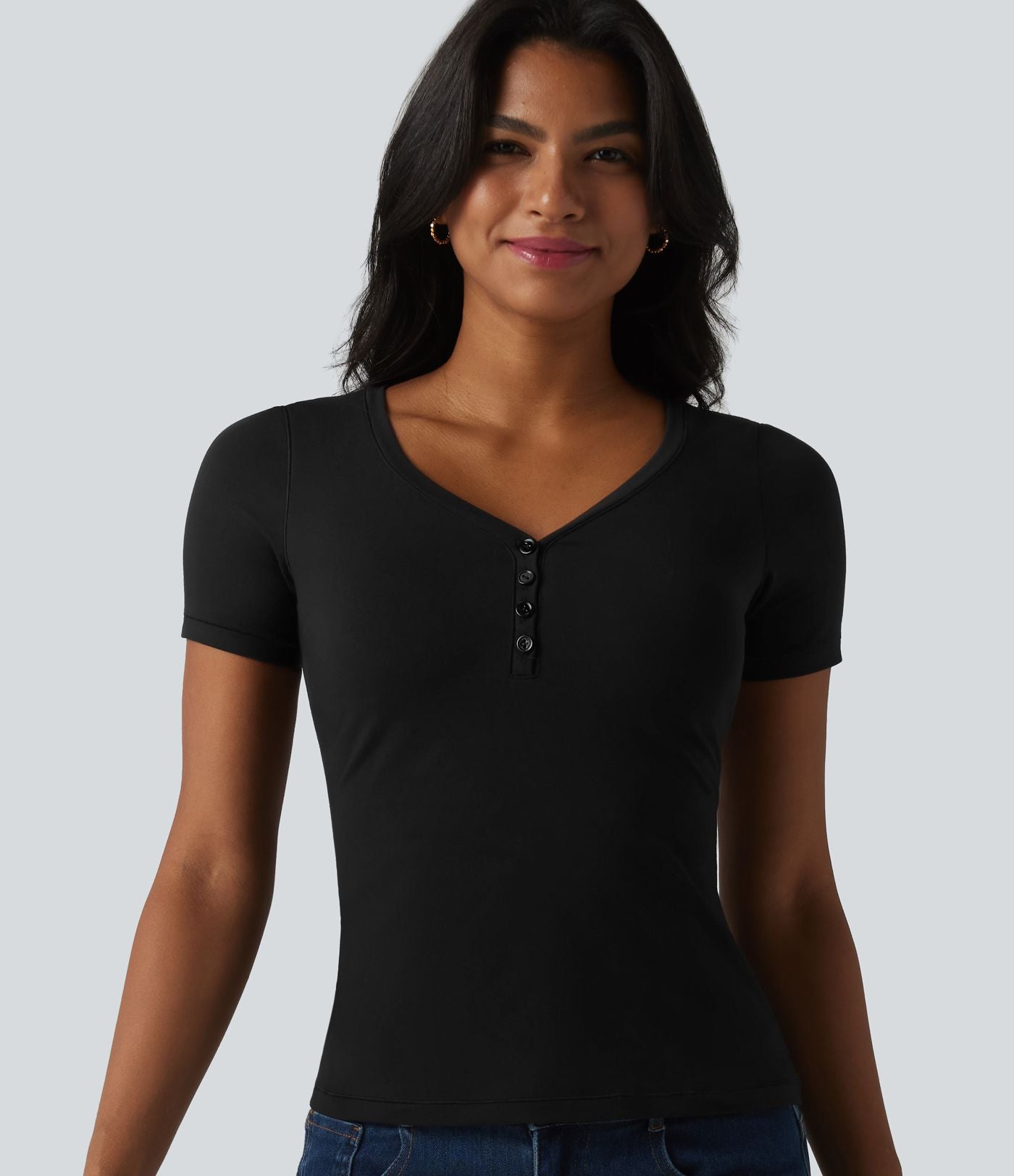 Halara T-shirt décontracté en jersey de coton, col V, manches courtes, brassière intégrée, bonnets B-DD
