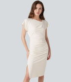 Robe habillée asymétrique col bénitier manches courtes froncée avec ourlet fendu
