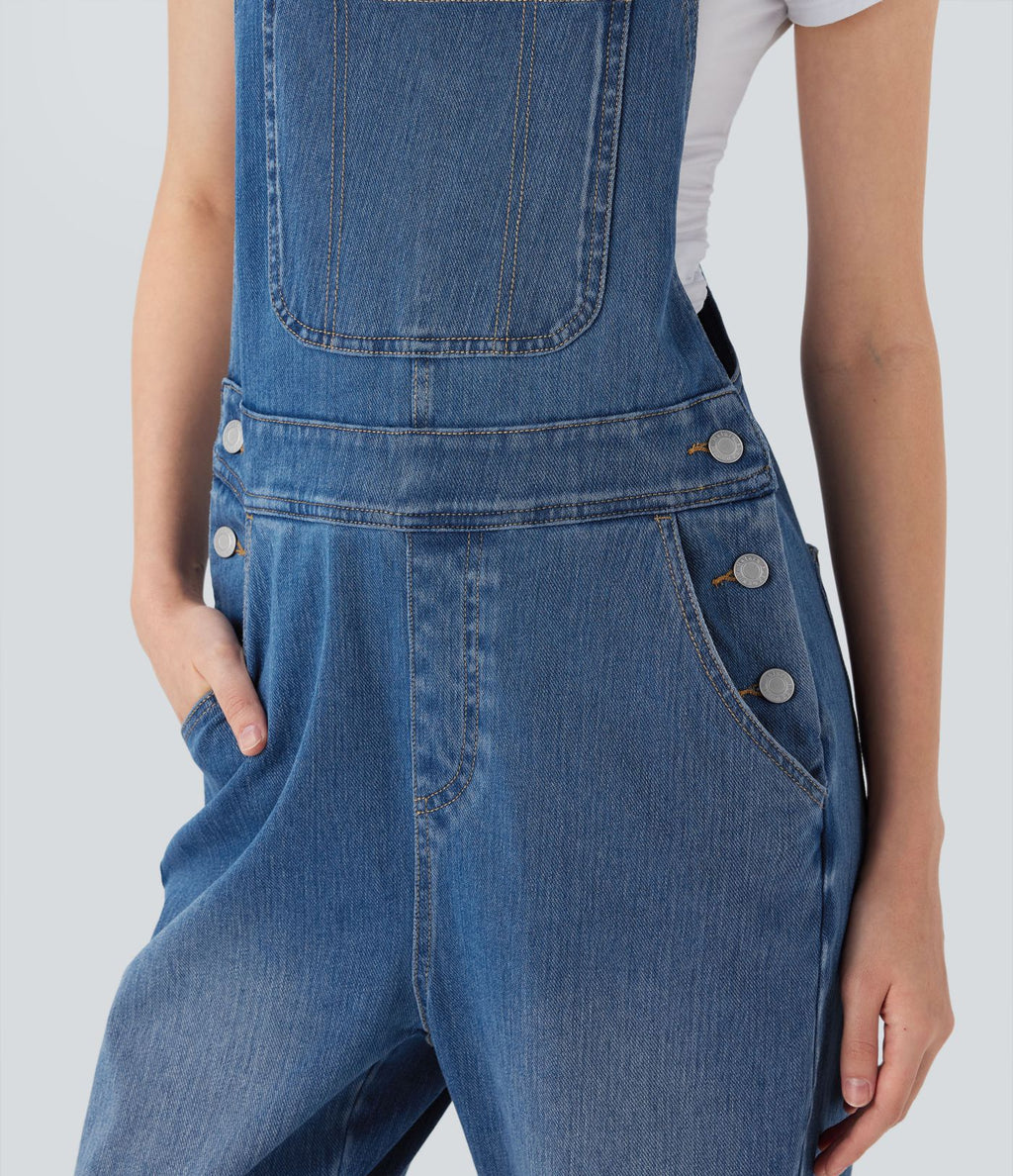 Salopette casual denim Halara Flex™ jambe droite maille extensible avec boutons et multiples poches