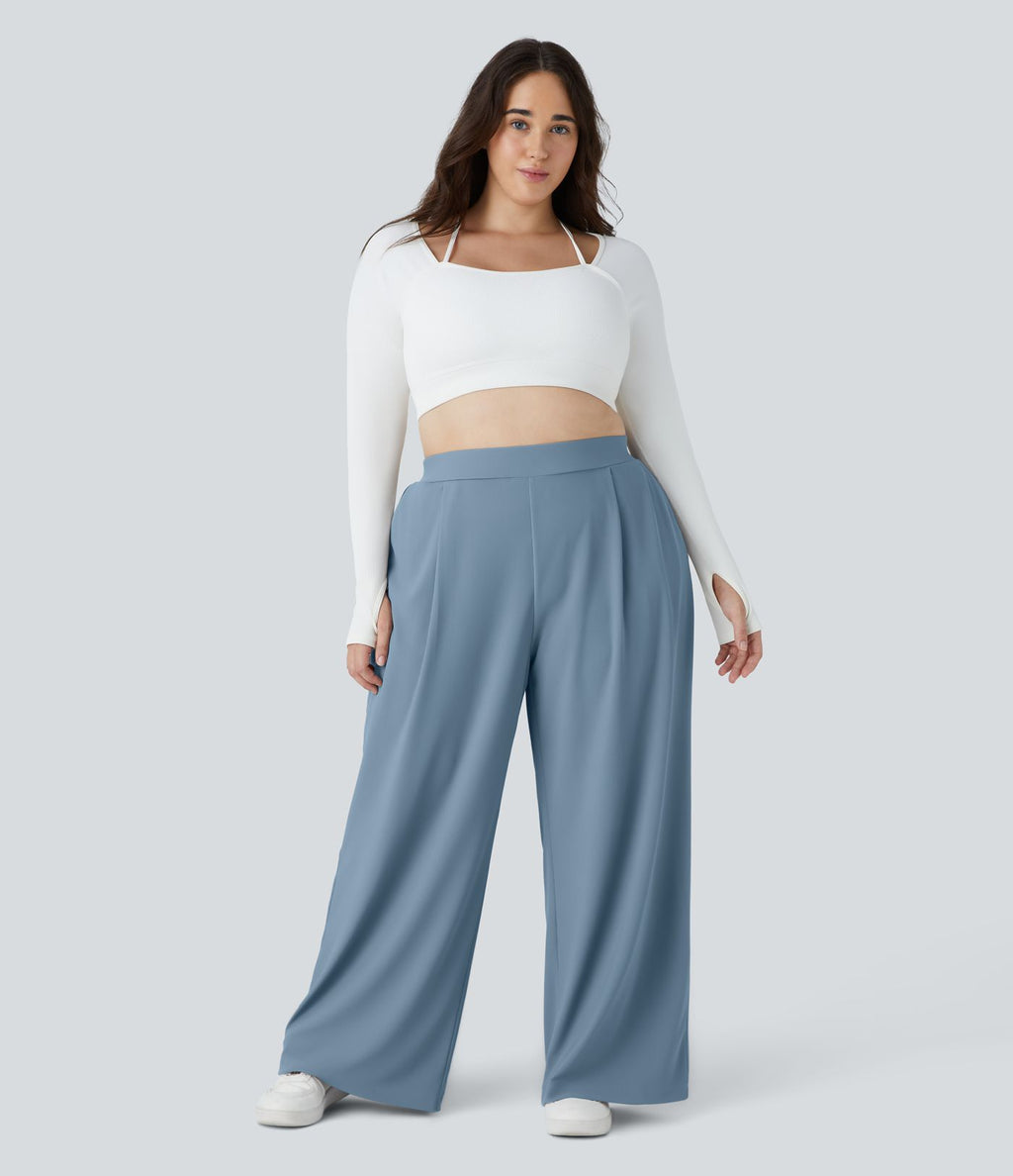 Pantalon de travail grande taille Halara Flex™ à taille haute sculptante et amincissante, poches latérales, jambes larges et tissu micro-gaufré