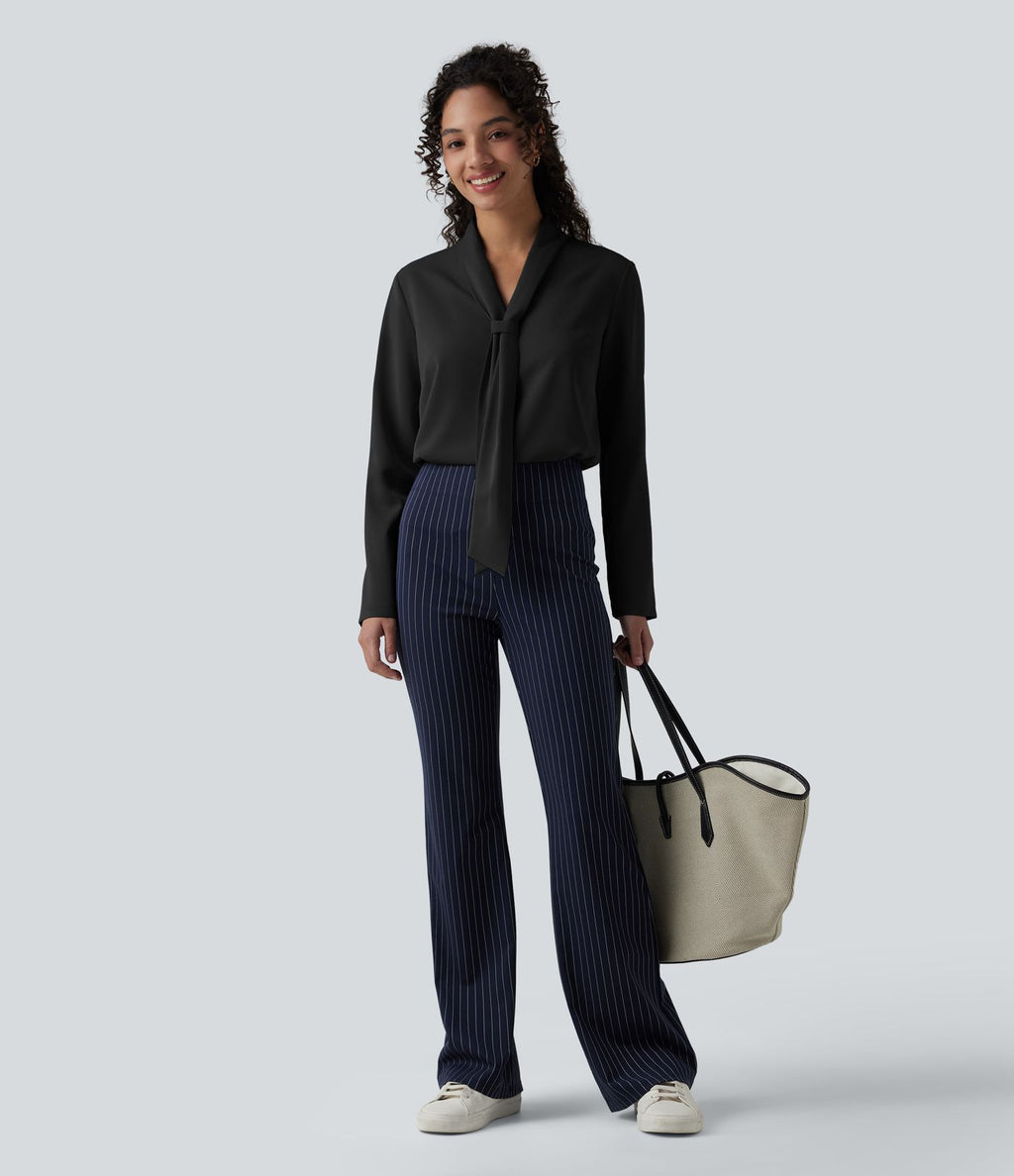Blouse esprit bureau défroissage facile, col V, manches longues et lien à nouer