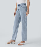 Halara Flex™ Jean droit extensible à taille haute avec bouton, fermeture éclair et poches multiples