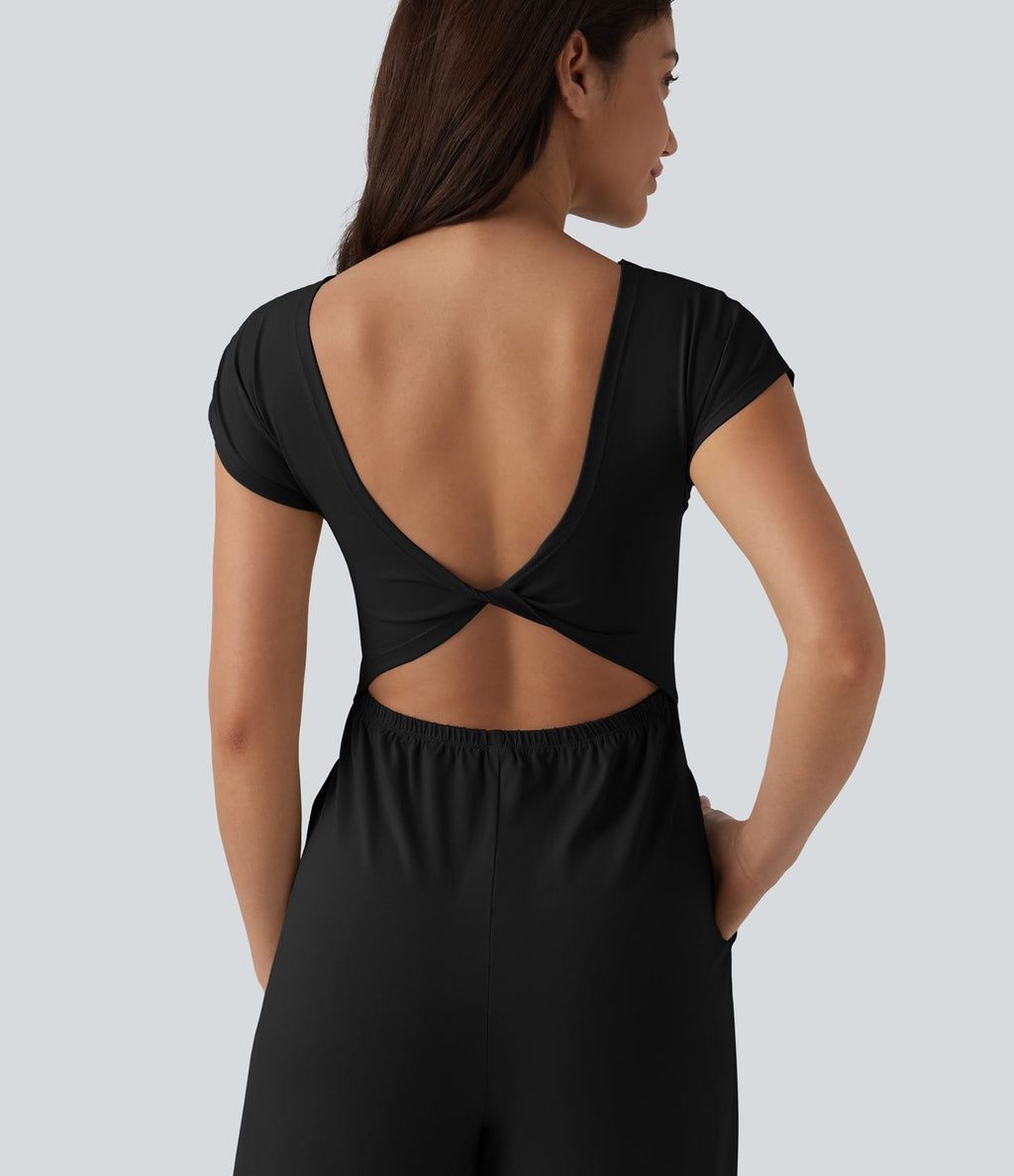 Combinaison casual dos ouvert torsadé avec soutien-gorge intégré et poches – Easy Peasy