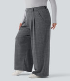 Pantalon décontracté grande taille large taille haute à carreaux pied-de-poule avec poches