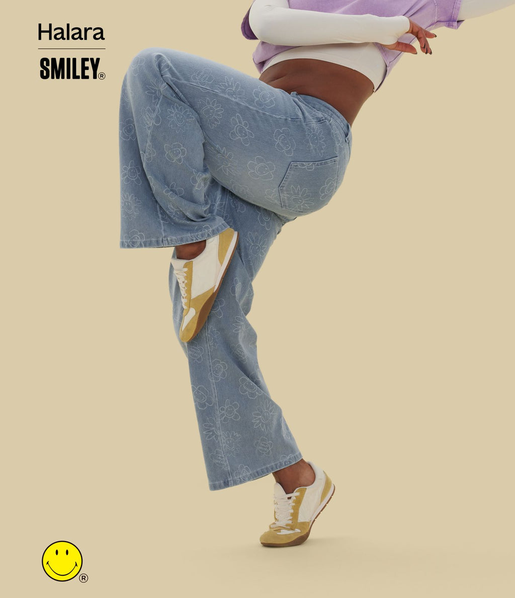 Halara X Smiley® Halara Flex™ Jean large décontracté asymétrique taille basse en lyocell délavé avec poches