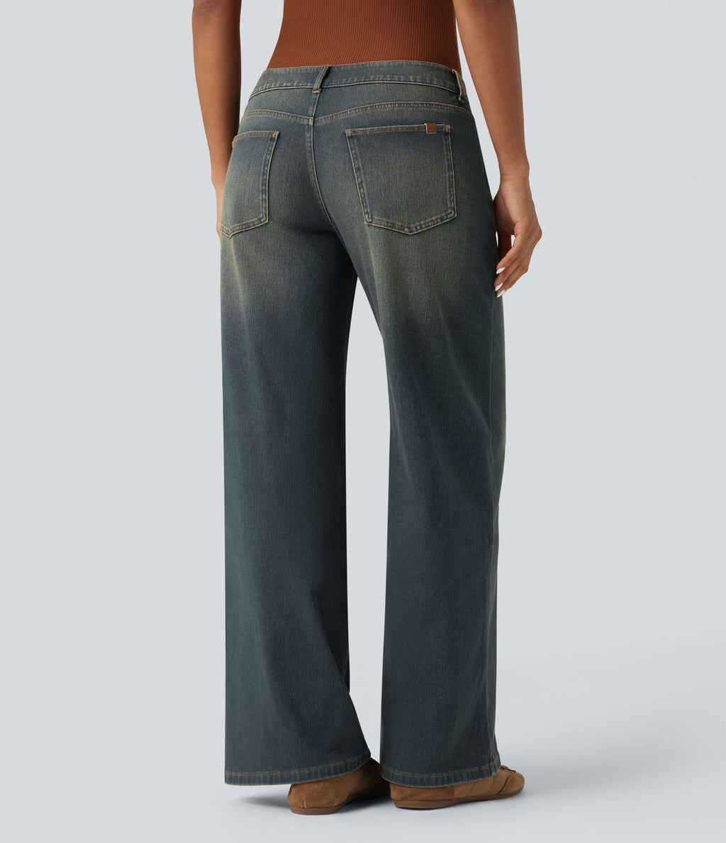 Halara Flex™ Jean large asymétrique taille basse avec bouton, fermeture éclair et poches multiples, délavé et extensible en maille