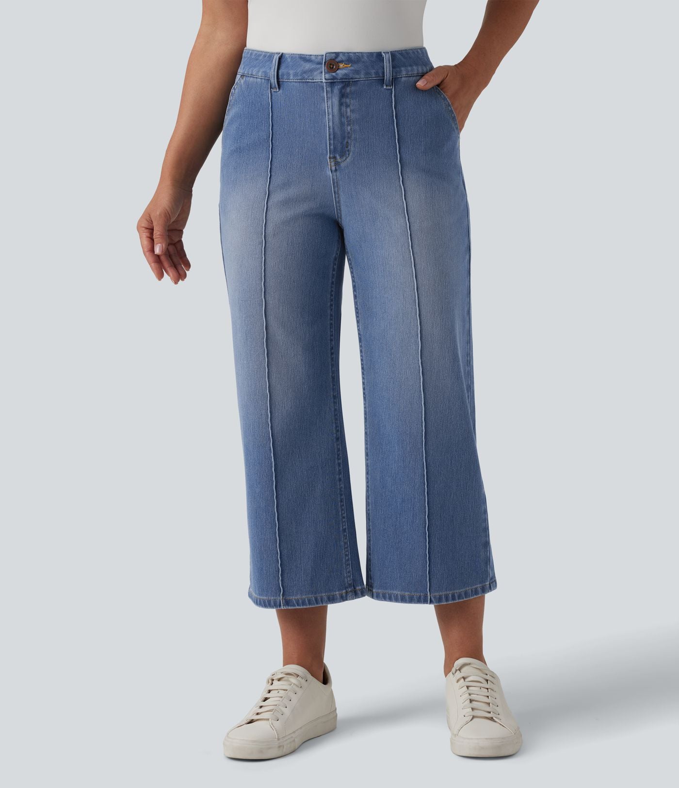 Jean Halara Flex™ décontracté délavé taille mi-haute coupe droite raccoucie avec poches