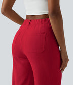 Pantalon taille haute coupe droite effet lin avec poches