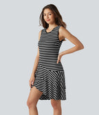 Robe mini décontractée à rayures col rond sans manches ourlet à volants superposés en maille côtelée