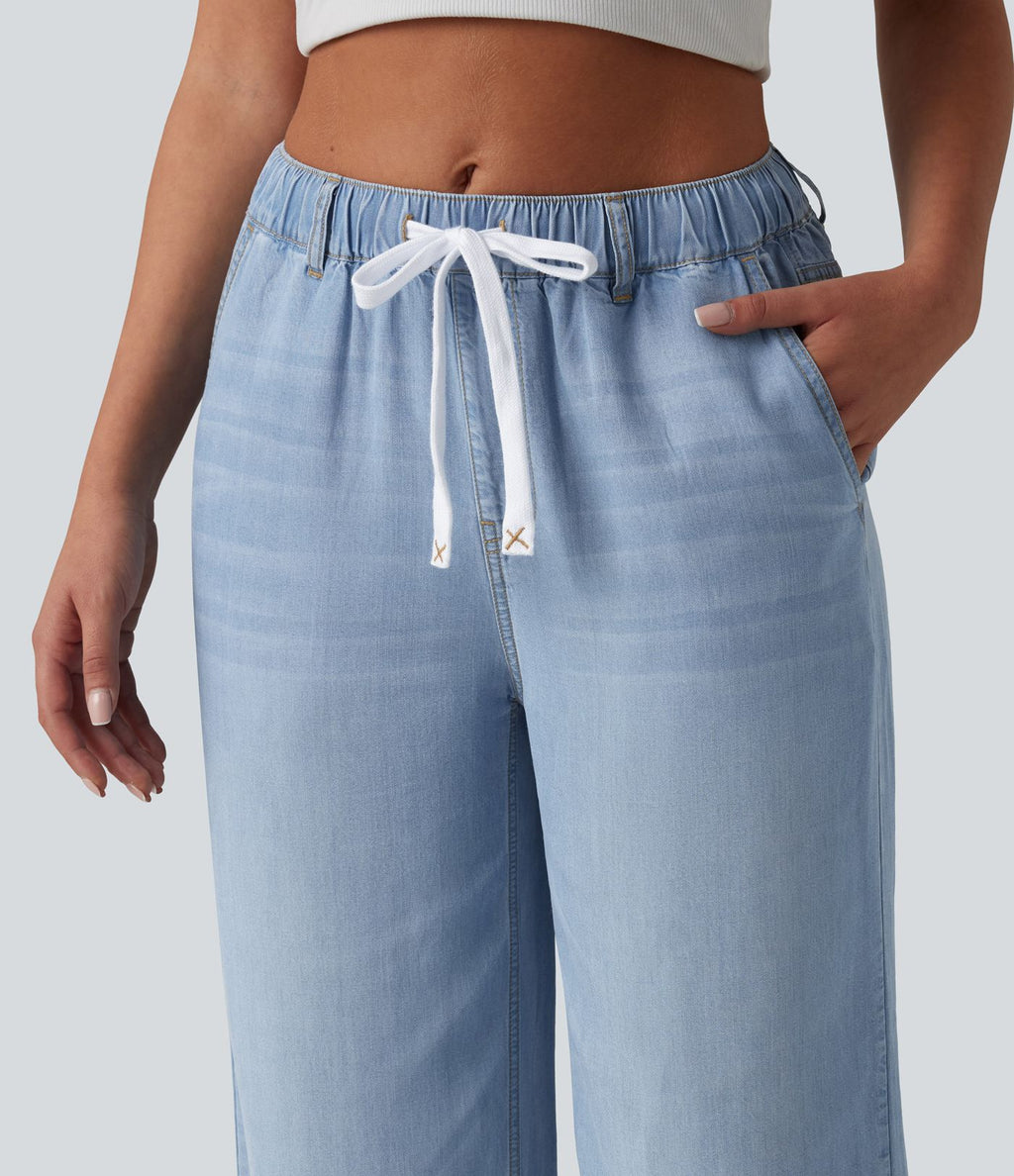 Jean décontracté taille mi-haute en lyocell drapé avec cordon de serrage et poches