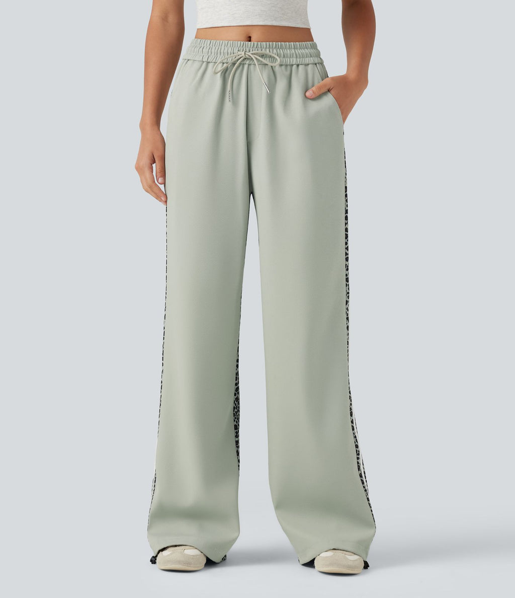 Pantalon ample décontracté taille mi-haute avec cordon de serrage color block rayures léopard contrastant avec poches