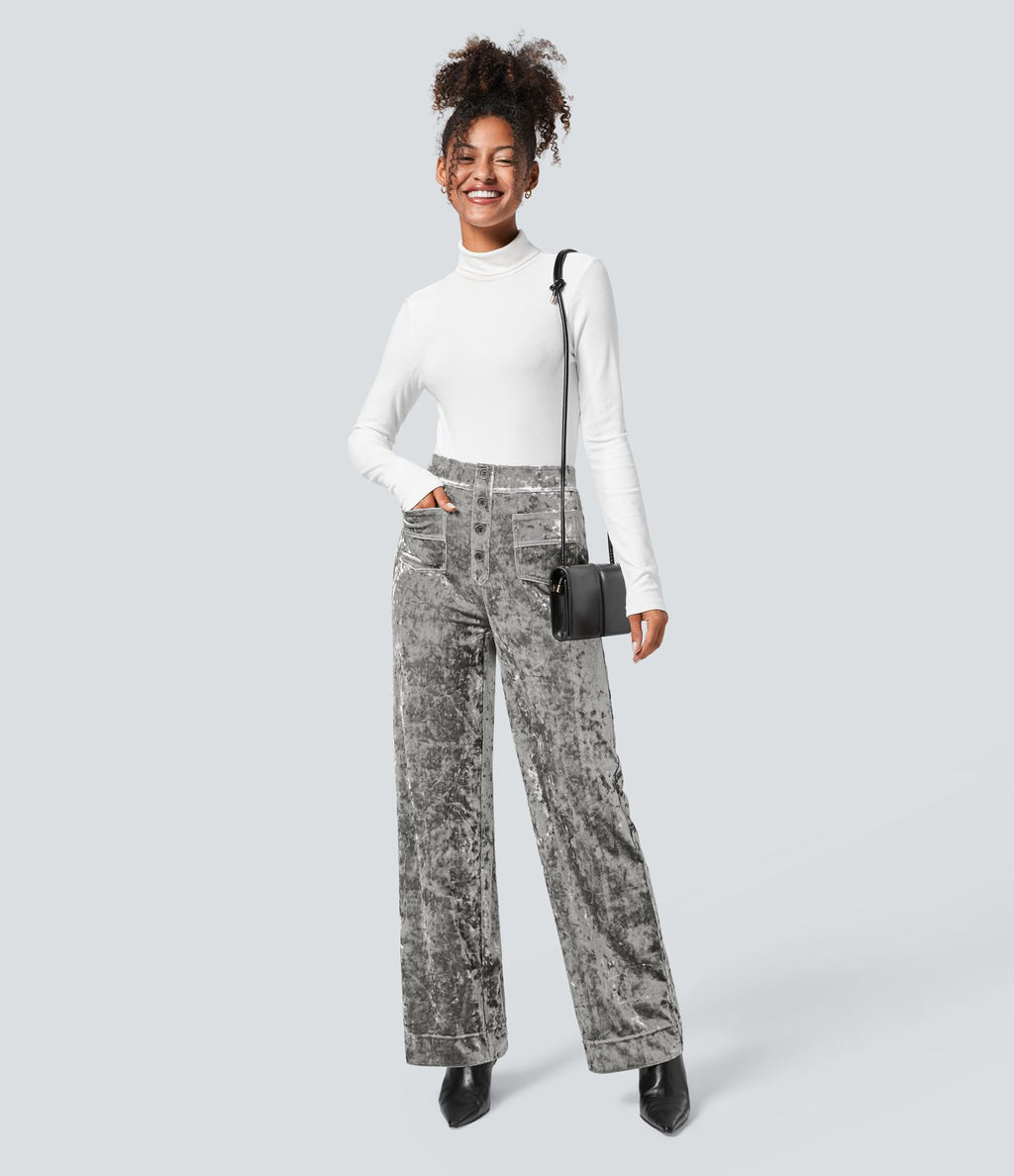 Pantalon Casual en Velours Taille Haute avec Bouton Multipoches Droites