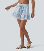 Short resort à volants en vichy aspect lin taille mi-haute avec nœud frontal et poches