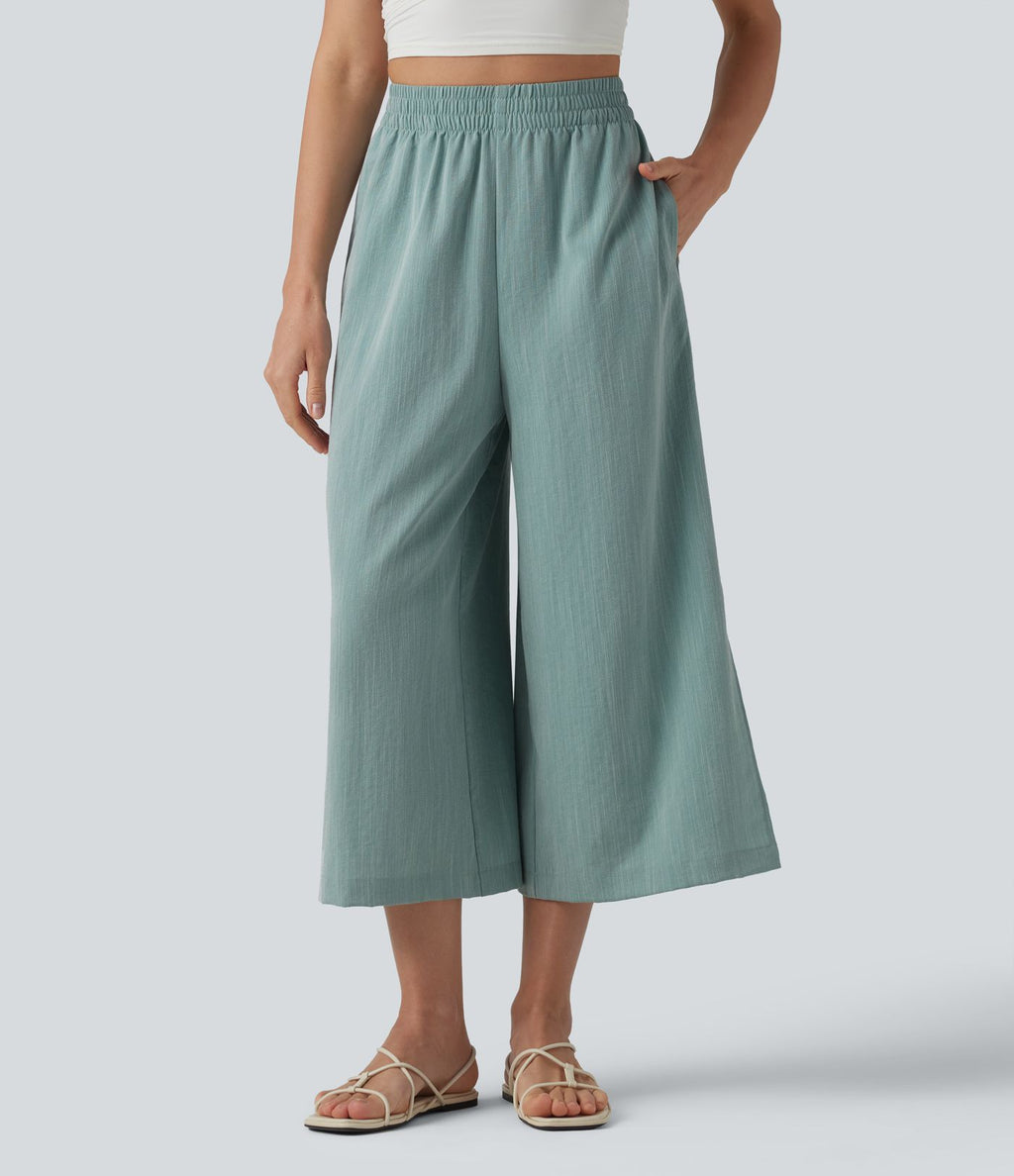 Pantalon ample court taille haute aspect lin avec fentes et poches