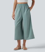 Pantalon ample court taille haute aspect lin avec fentes et poches