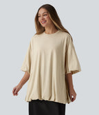 Top casual oversize col rond à manches mi-longues et ourlet boule