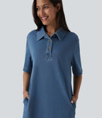 Halara Flex™ Robe courte en denim col classique manches courtes avec poches