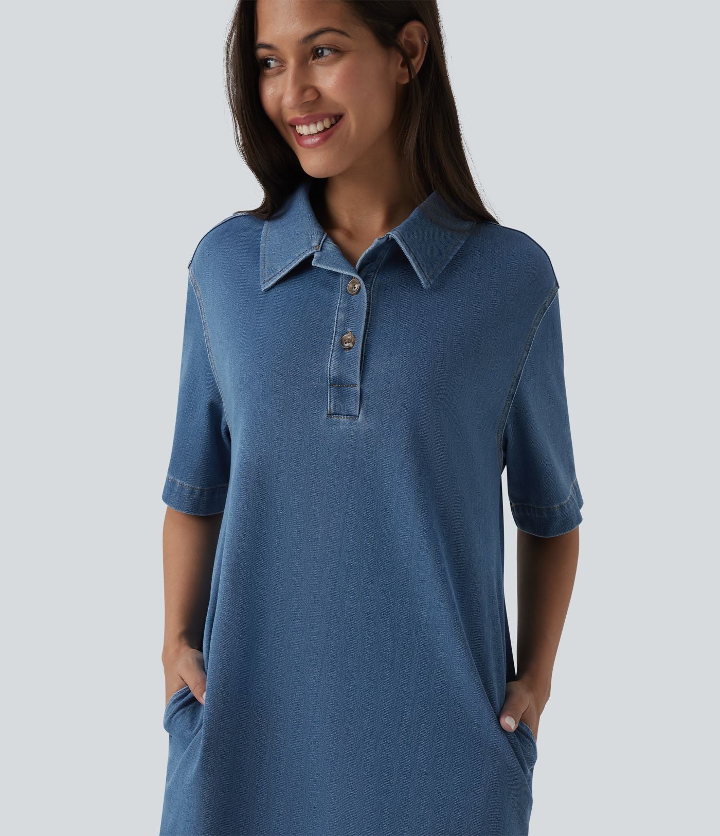 Halara Flex™ Robe courte en denim col classique manches courtes avec poches