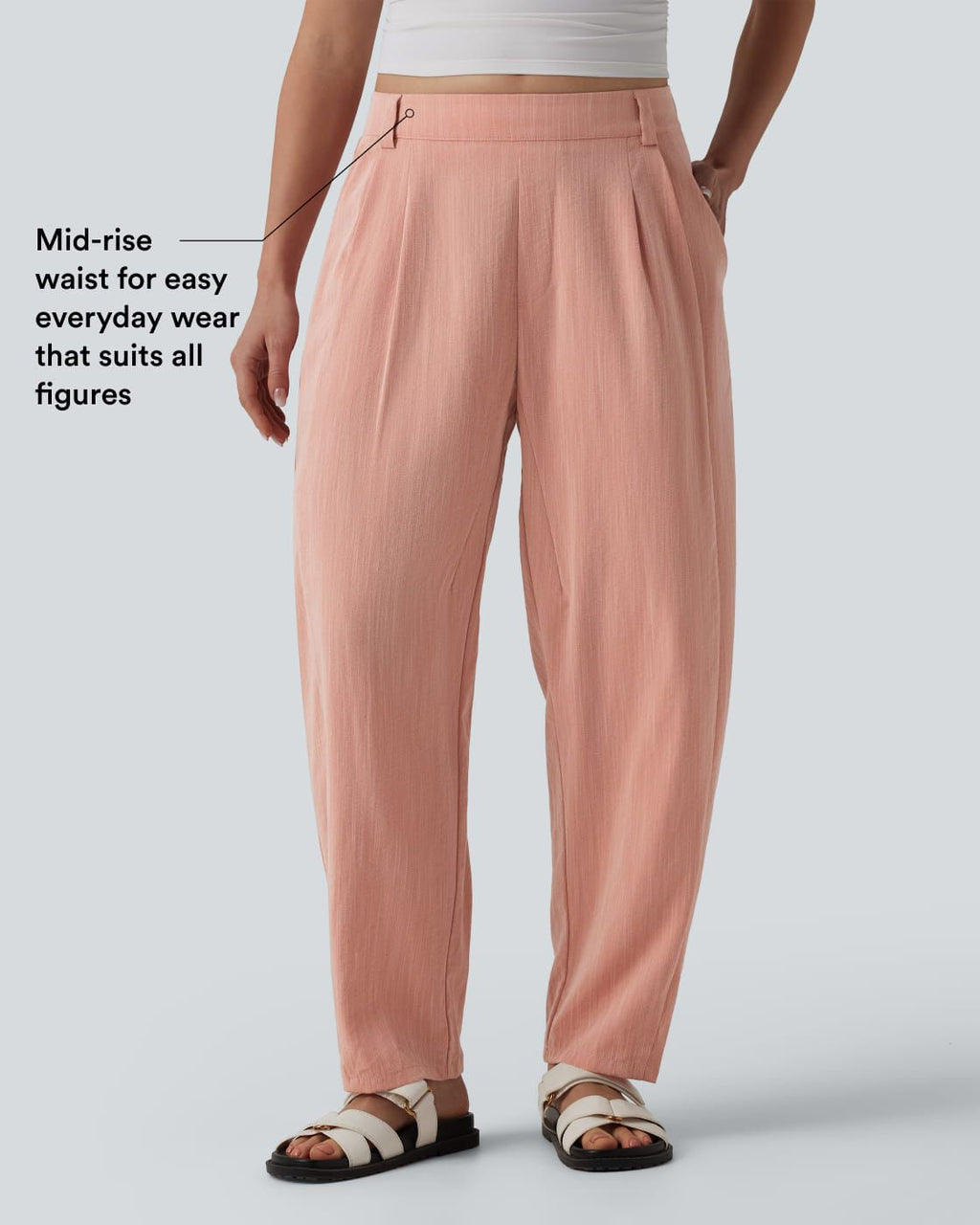 Pantalon décontracté coupe ballon taille mi-haute aspect lin avec poches