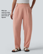 Pantalon décontracté coupe ballon taille mi-haute aspect lin avec poches