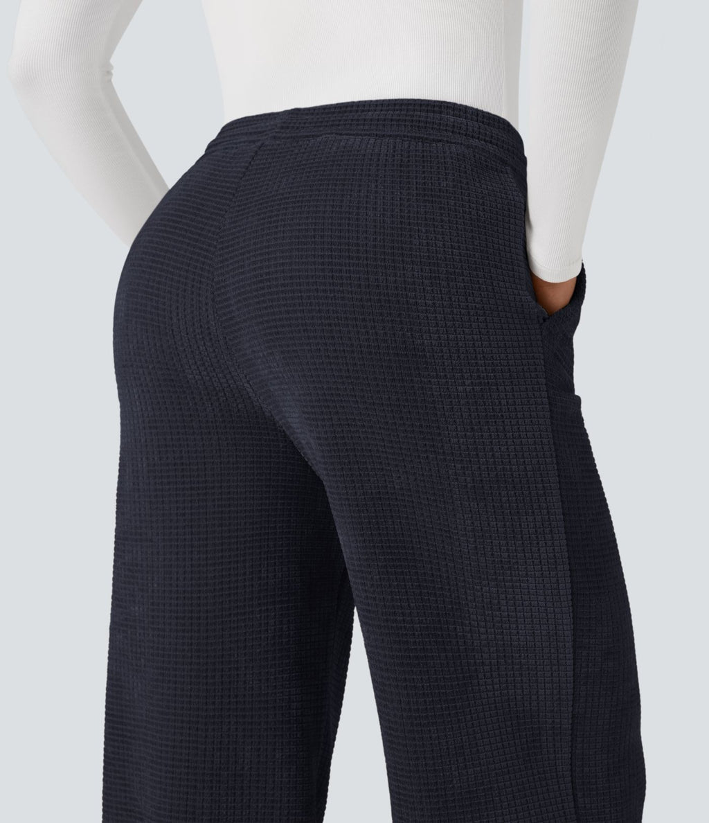 Pantalon chenille gaufré coupe droite taille mi-haute avec poches