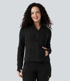 Veste randonnée col cheminée manches longues avec trous pour pouces et poches