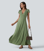 Robe longue fluide col V manches courtes