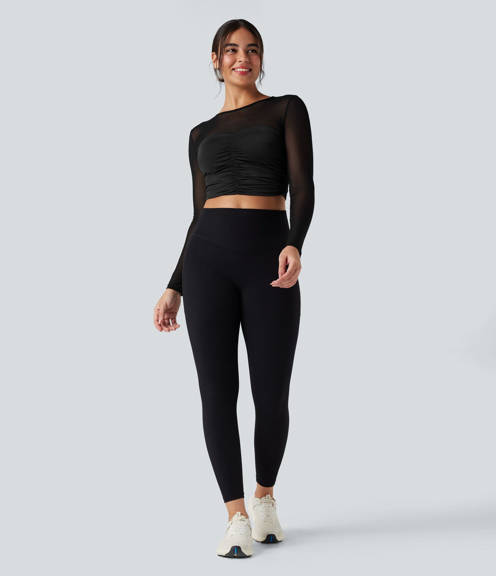 Top de sport yoga col rond manches longues froncé avec mesh contrastant
