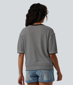 Pull décontracté rayé col rond manches courtes aspect lin
