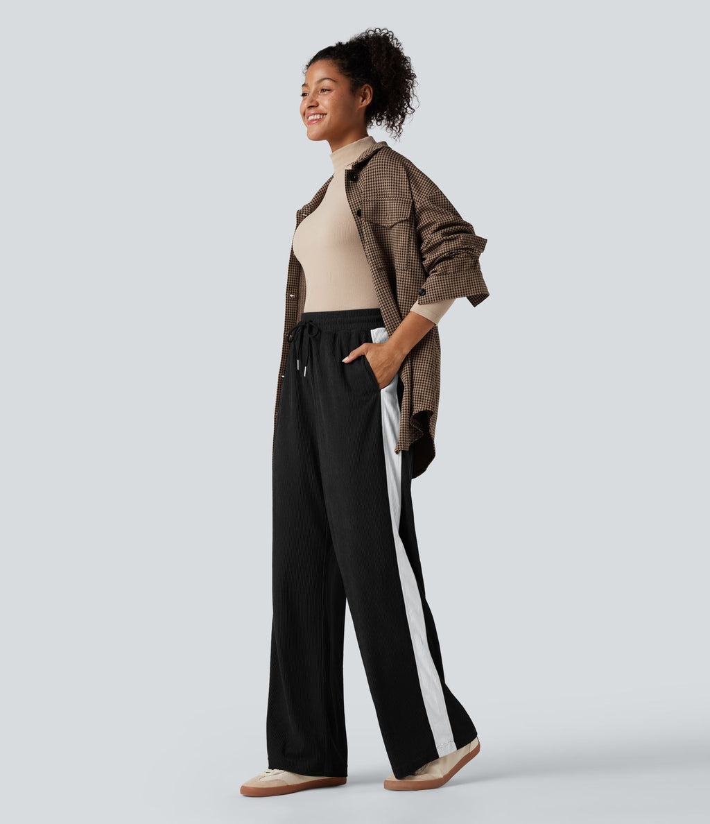 Pantalon jogging décontracté droit colorblock en velours côtelé, taille haute, avec cordon et poches