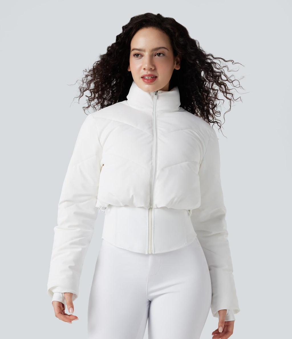 PuffFlex Manteau doudoune 3-en-1 court casual à col montant et veste à ourlet arrondi avec passants pouces et poche