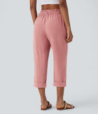 Pantalon capri effet lin taille haute avec poches zippées