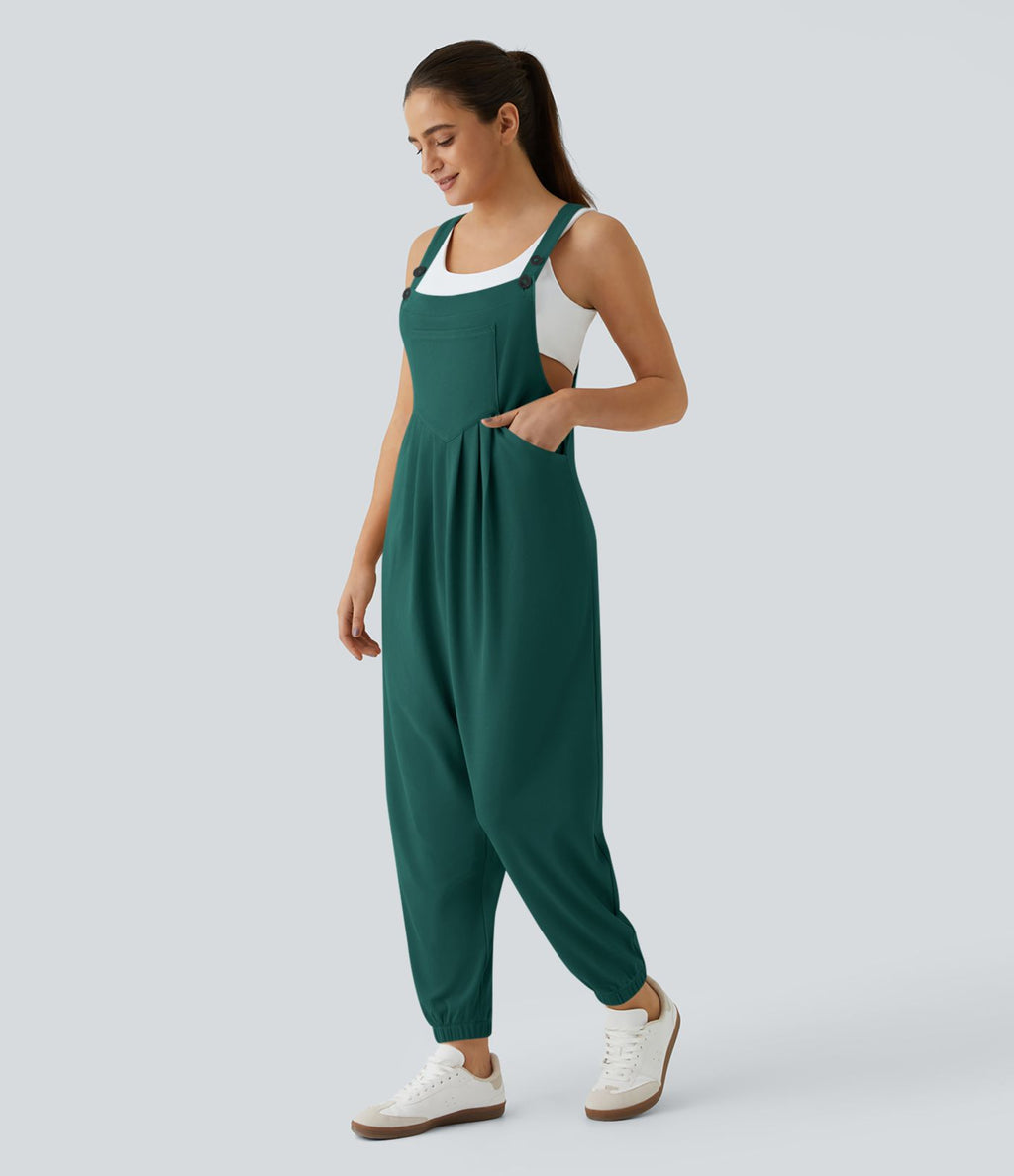 Salopette Casual Bretelles Ajustables Boutonnés Multiples Poches Plis et Tissu Gaufré