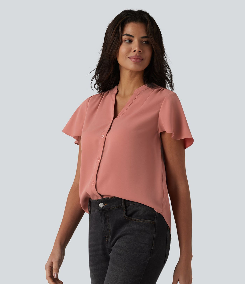 Blouse casual col V à manches volantées et ourlet arrondi