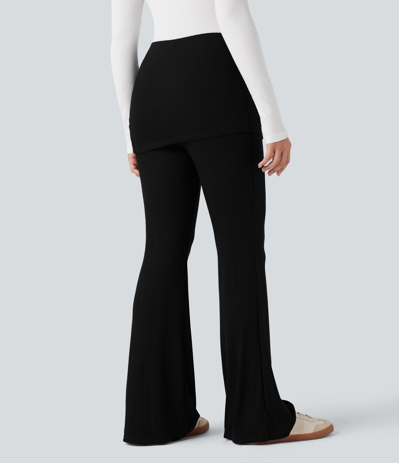 Pantalon évasé côtelé 2-en-1 froncé taille mi-haute avec cordon de serrage