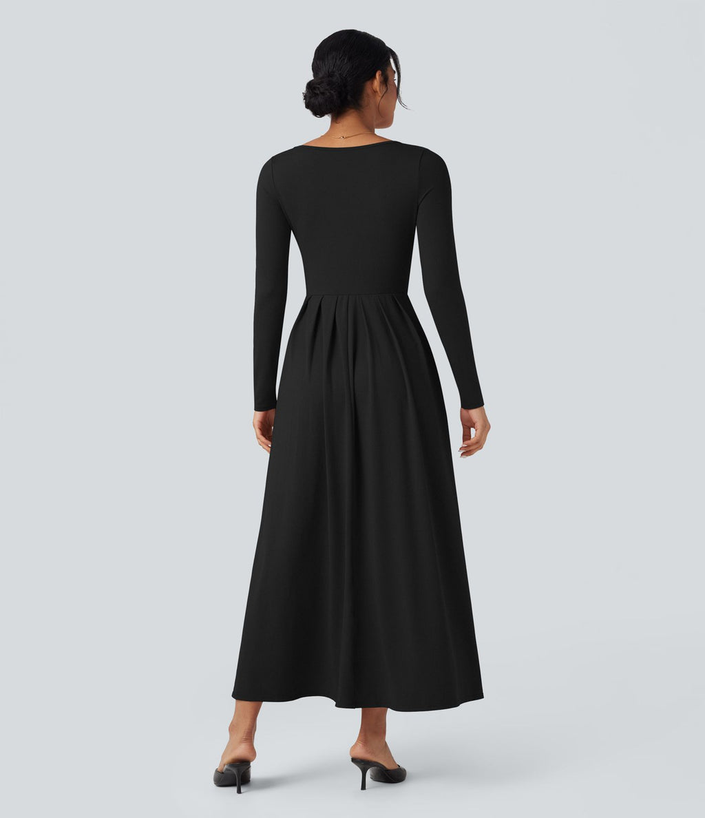 Robe longue décontractée évasée col rond plongeant manches longues avec poches