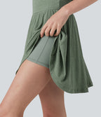 Robe mini décontractée 2-en-1 en maille côtelée mélange de lin, col V, manches courtes, coupe fluide