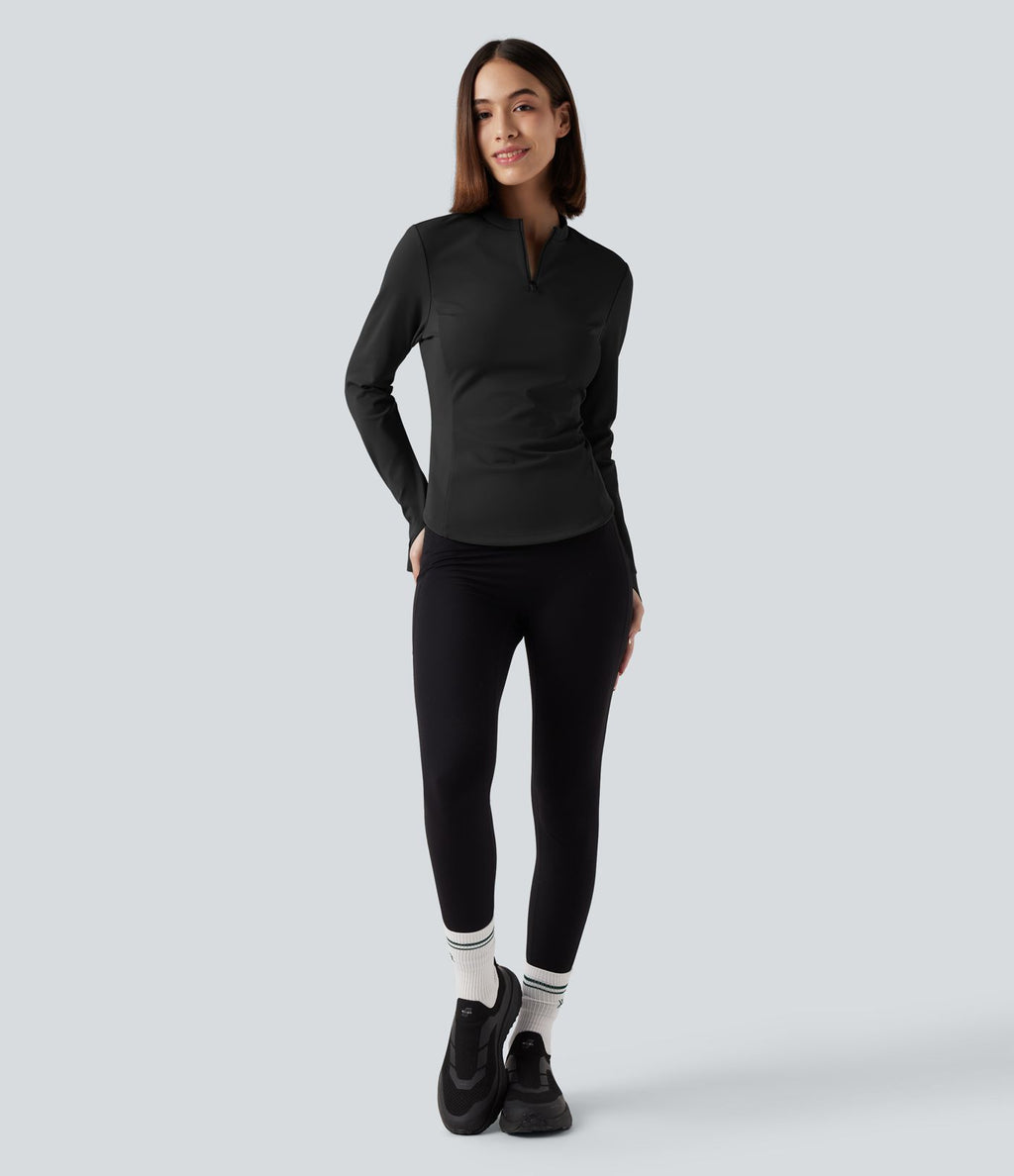 Haut de sport yoga polaire col montant demi-zip à manches longues avec passants pouces